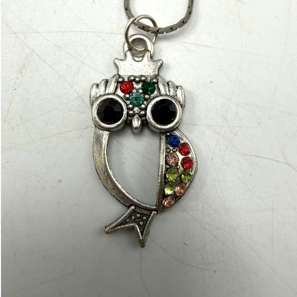 Silver Tone Owl‎ Pendant Necklace Multi Color Rhinestone Bird Jewelry 18 Inch